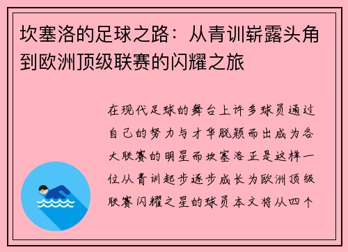坎塞洛的足球之路：从青训崭露头角到欧洲顶级联赛的闪耀之旅