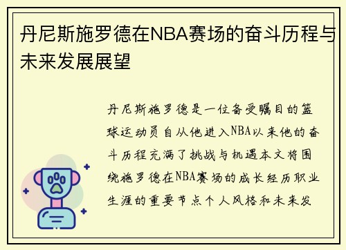 丹尼斯施罗德在NBA赛场的奋斗历程与未来发展展望
