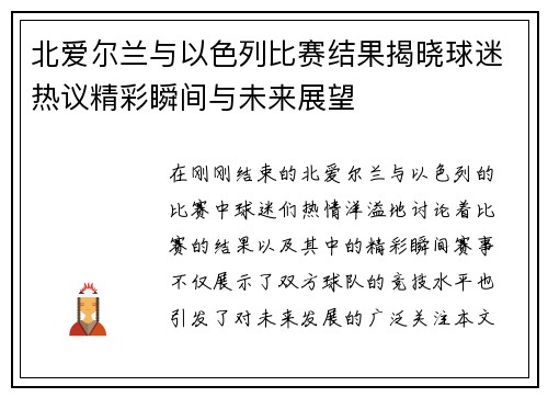 北爱尔兰与以色列比赛结果揭晓球迷热议精彩瞬间与未来展望