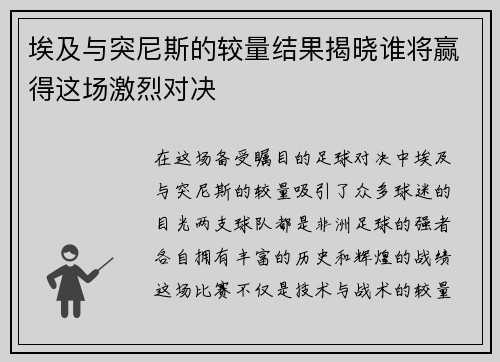 埃及与突尼斯的较量结果揭晓谁将赢得这场激烈对决