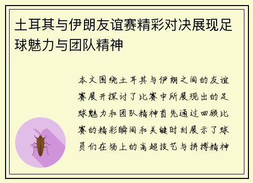 土耳其与伊朗友谊赛精彩对决展现足球魅力与团队精神