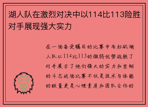 湖人队在激烈对决中以114比113险胜对手展现强大实力