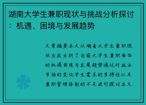 湖南大学生兼职现状与挑战分析探讨：机遇、困境与发展趋势