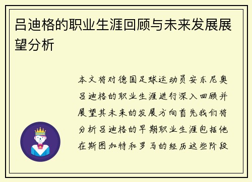 吕迪格的职业生涯回顾与未来发展展望分析