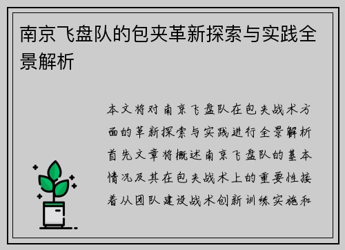 南京飞盘队的包夹革新探索与实践全景解析