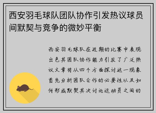西安羽毛球队团队协作引发热议球员间默契与竞争的微妙平衡