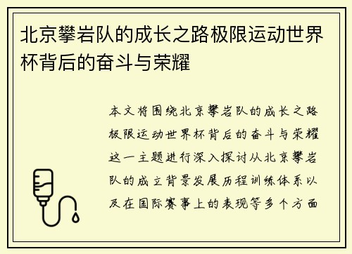 北京攀岩队的成长之路极限运动世界杯背后的奋斗与荣耀