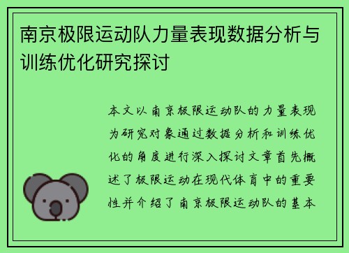 南京极限运动队力量表现数据分析与训练优化研究探讨