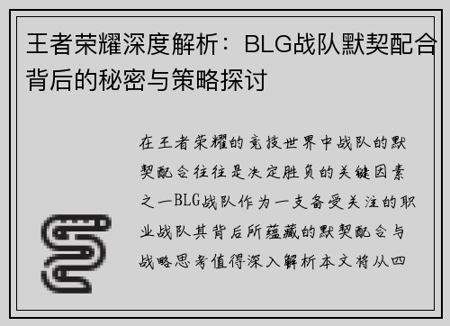 王者荣耀深度解析：BLG战队默契配合背后的秘密与策略探讨