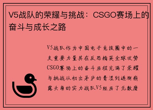 V5战队的荣耀与挑战：CSGO赛场上的奋斗与成长之路