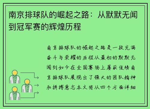 南京排球队的崛起之路：从默默无闻到冠军赛的辉煌历程