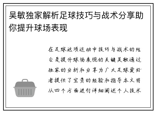 吴敏独家解析足球技巧与战术分享助你提升球场表现