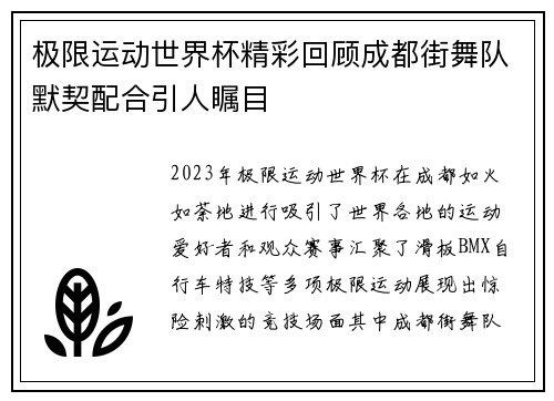 极限运动世界杯精彩回顾成都街舞队默契配合引人瞩目