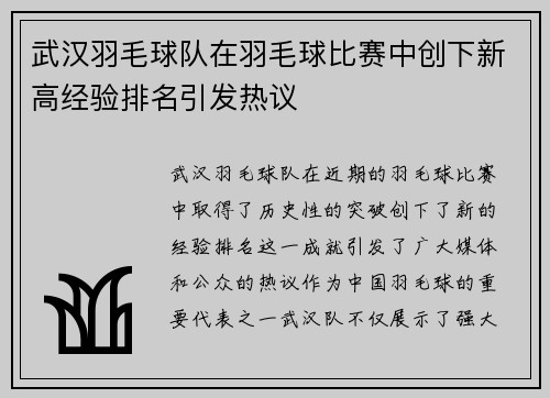 武汉羽毛球队在羽毛球比赛中创下新高经验排名引发热议